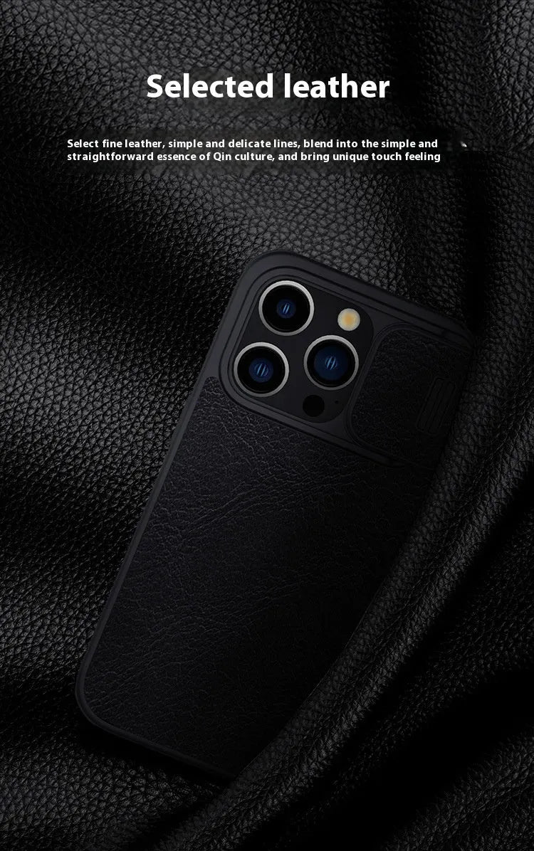 Imitation leather flip phone case for iPhone 15 series in black, brown, and red colours