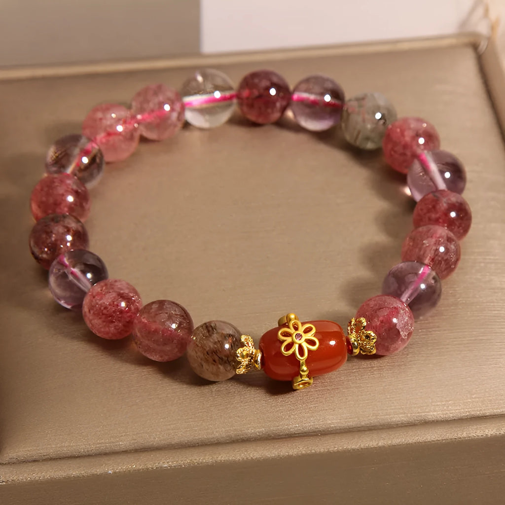 Natural Super Seven Crystal bracelet for women showing White Crystal and Red Agate in a cartoon style.