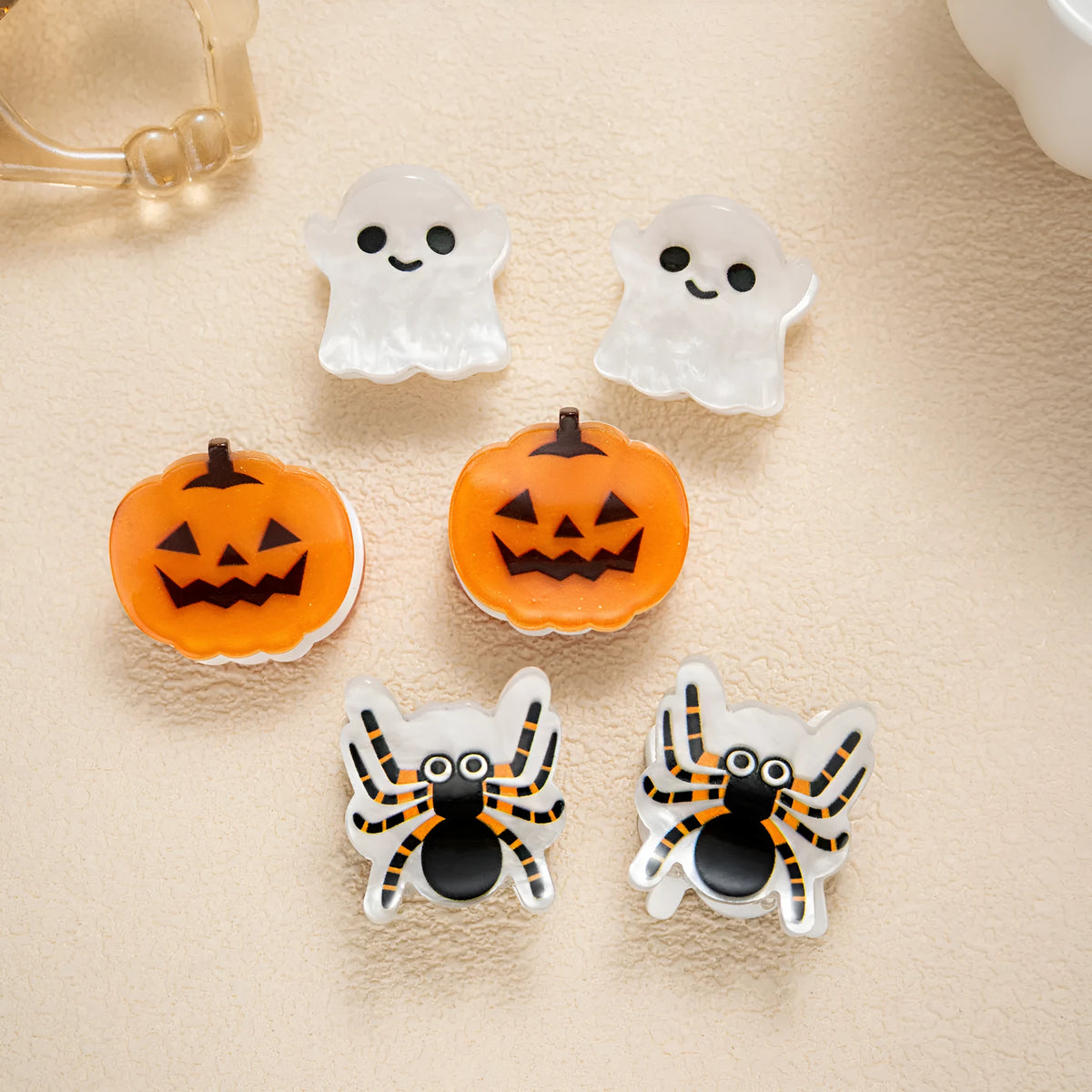 Halloween hair clip in acrylic with Ghost, Pumpkin, and Spider options, small hair grabbing clip for women
