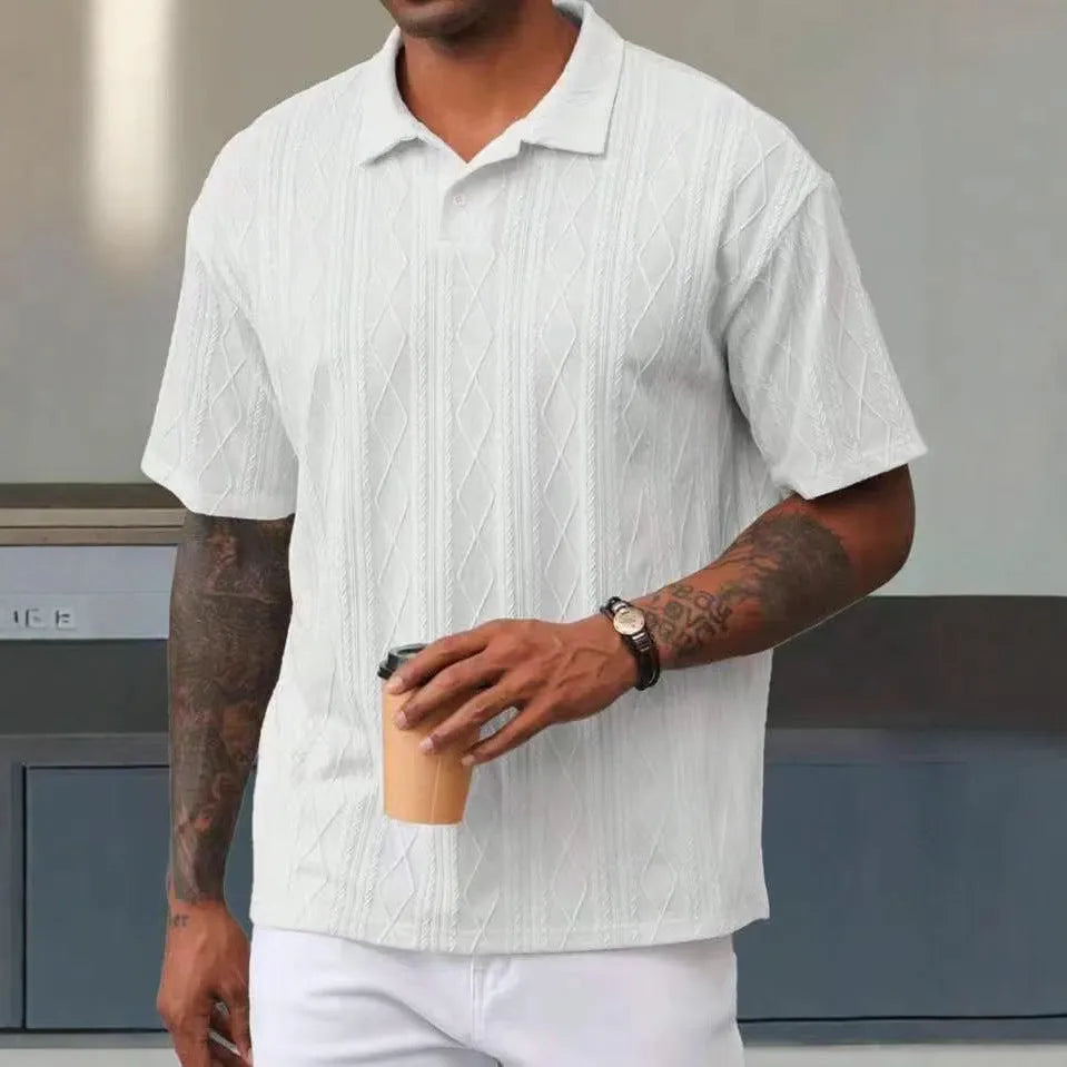 Retro button lapel short sleeve t-shirt in cotton blend fabric, loose fit with side slit detail