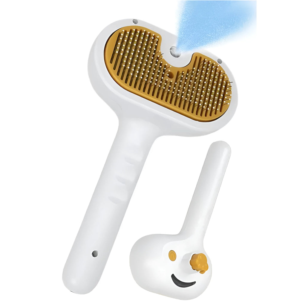 White pet grooming brush with built-in water tank and self-cleaning slicker head for dogs and cats.