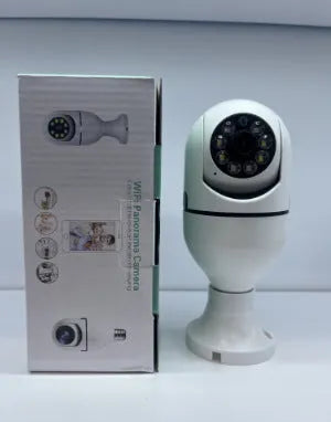 Wireless bulb security camera with plastic and metal construction measuring 5cm by 12cm