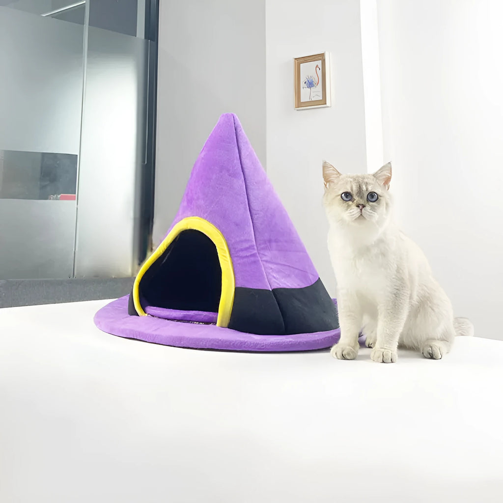 Purple Halloween witch hat shaped cloth cat bed for large cats