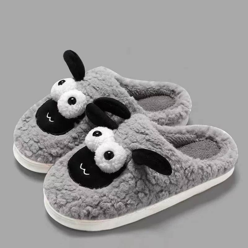 Brown lamb thermal cotton slip-on slippers with sewn PVC sole on wooden floor