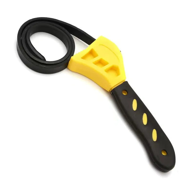 Two adjustable rubber strap wrenches, sizes 6-inch and 8-inch, with a 21.5 cm handle on a workbench.