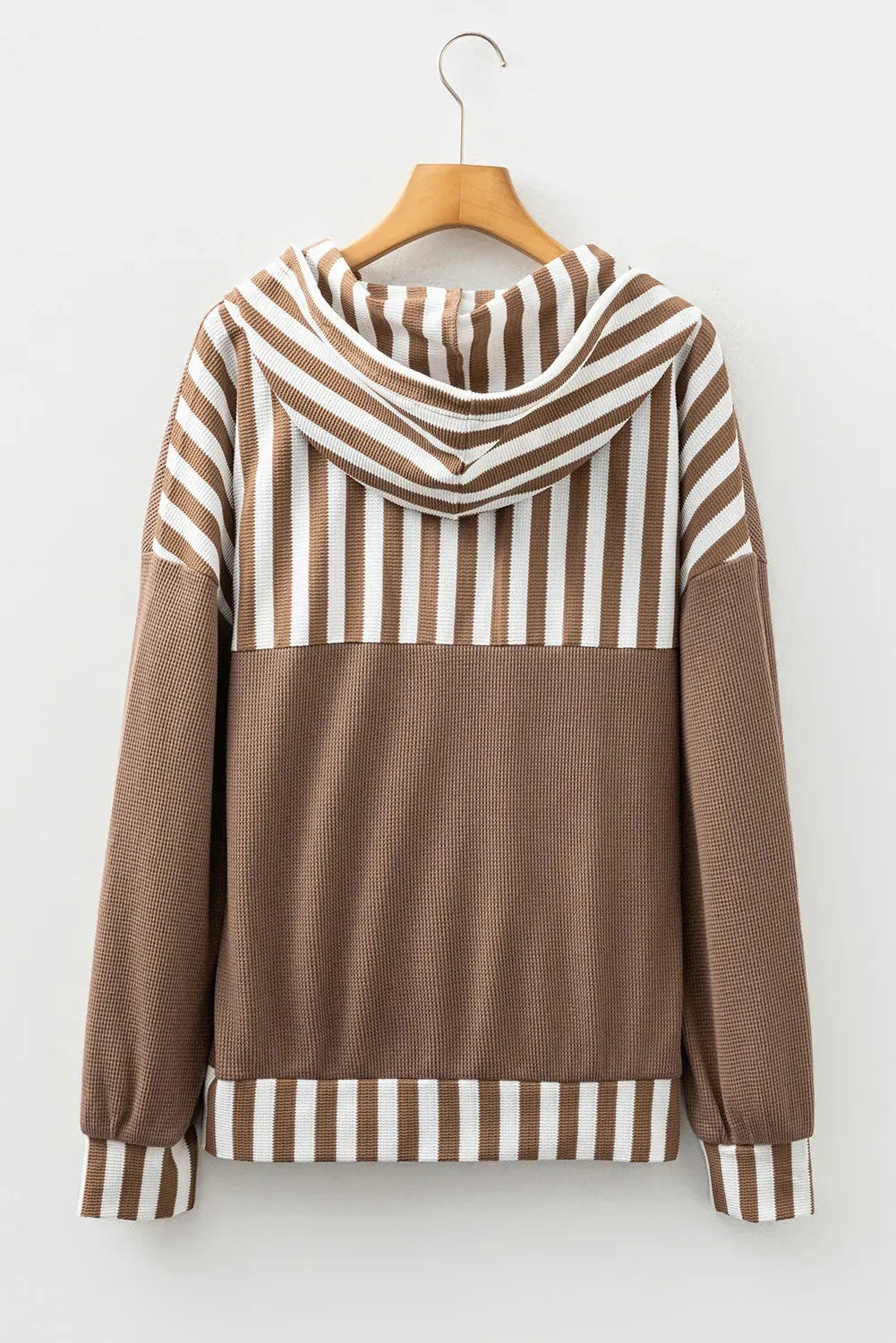 Straw yellow striped patchwork hoodie with a waffle texture and button neck drawstring.