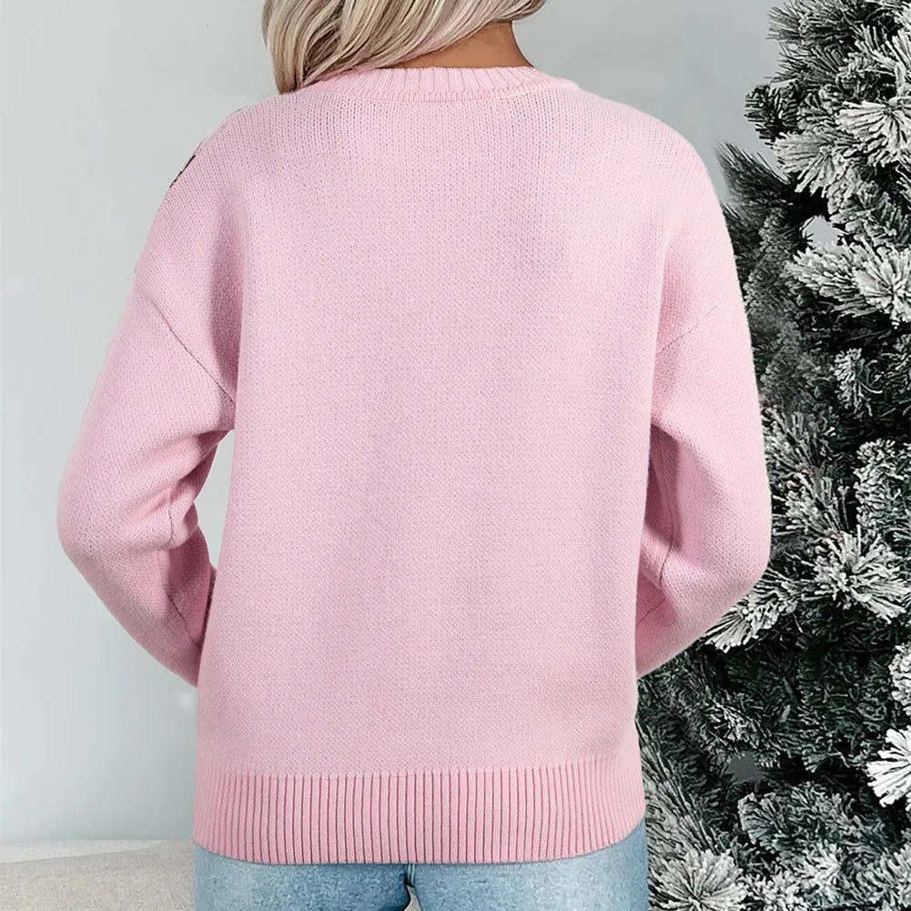 Women's pink round neck loose knit sweater with long flight sleeves and pullover style in sizes S to XL