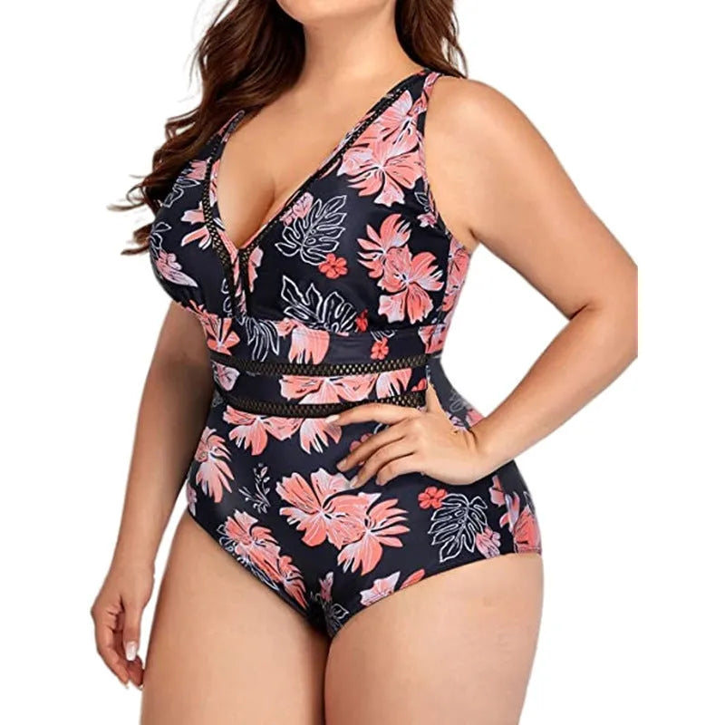 Black plus size women's bikini swimsuit with printed pattern on polyester mesh fabric.