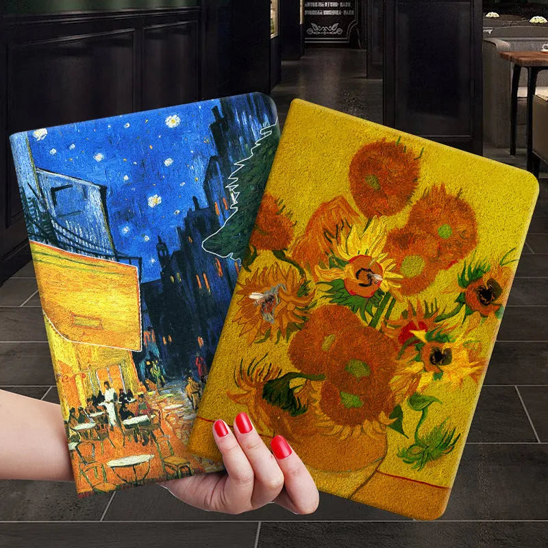Handmade liquid silicone flip case for iPad with floral design artwork on the cover.