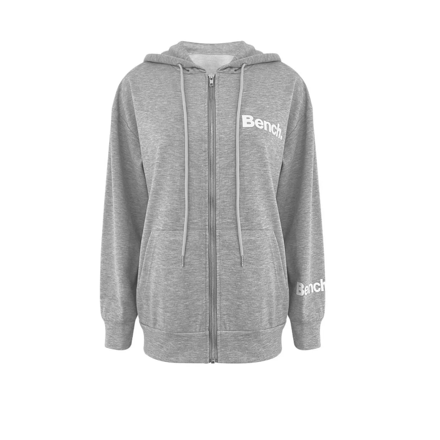 Loose fit grey polyester sweater coat with front zipper, hood, and letter print detail