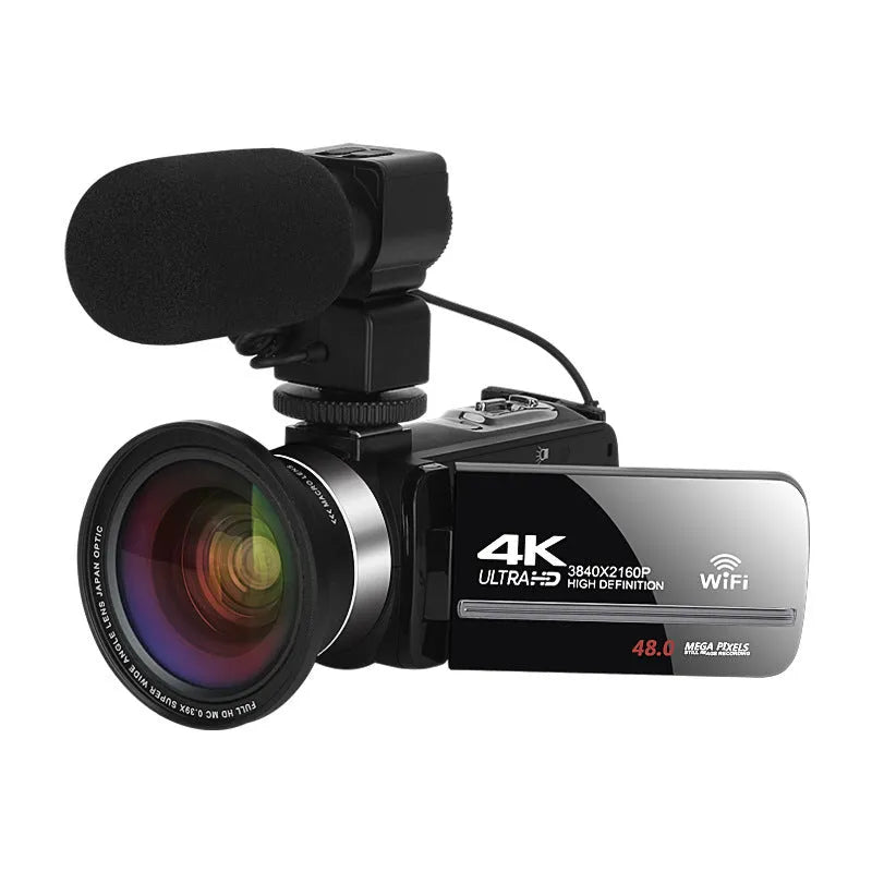 Black WIFI digital HD night vision camera with 3-inch screen showing menu, beside its included lens cover and remote control.
