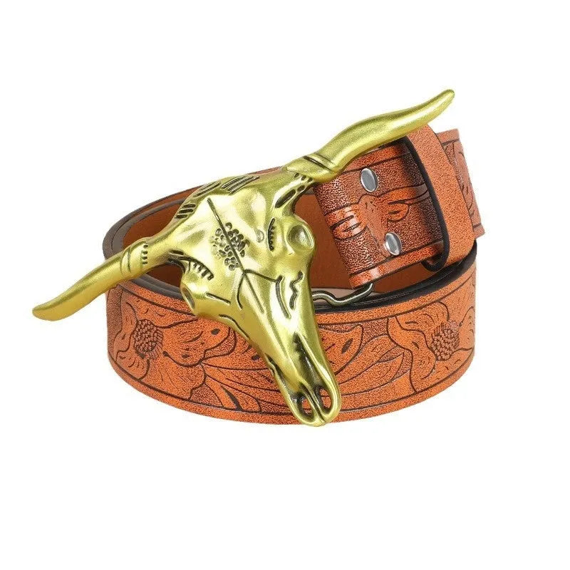 Men's belt with cow head buckle in imitation leather with alloy buckle