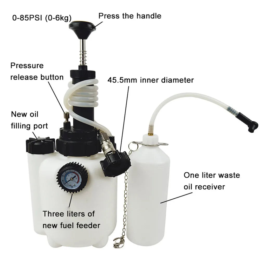 White 3-litre brake fluid replacement tank tool with copper and iron fittings