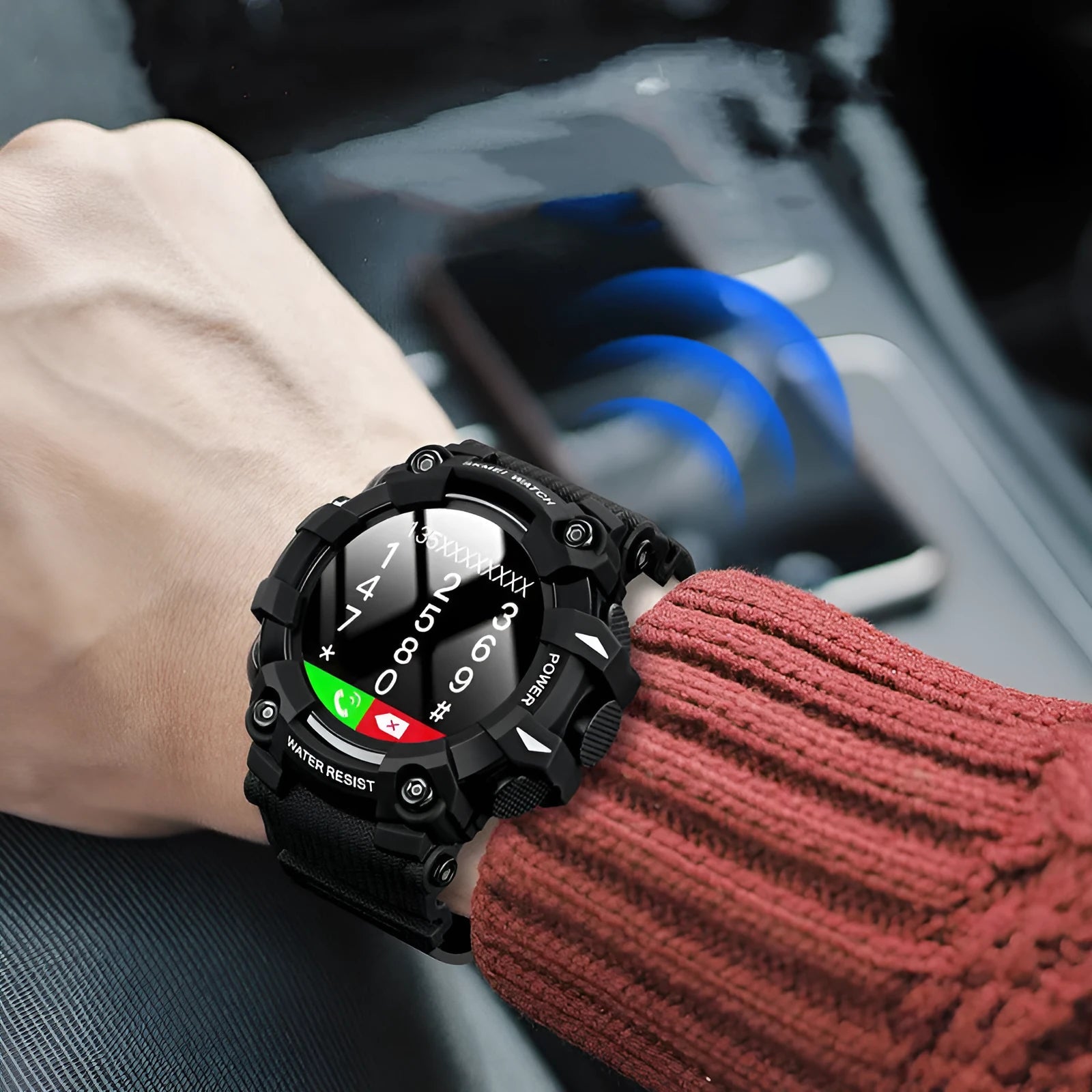 Blue smart watch with round 56mm touch screen dial and TPU strap on a wrist.