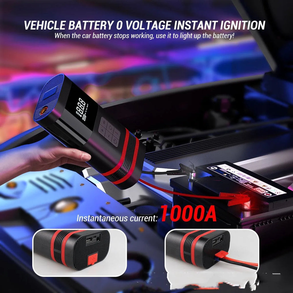 Black vehicle jump starter unit with cables showing 100W power output and USB charging capability