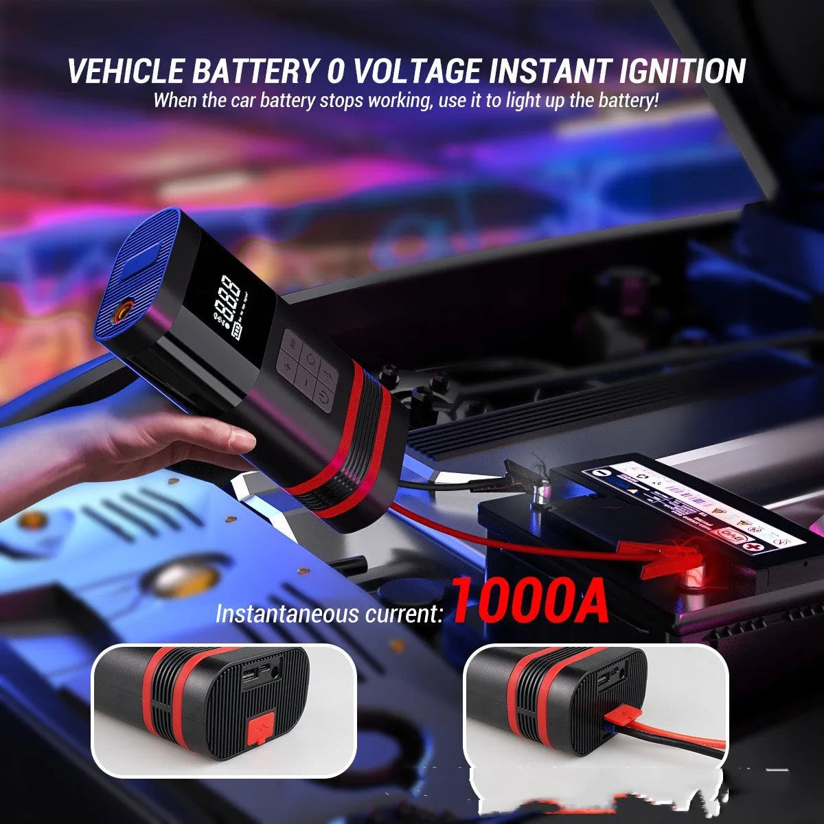 Black vehicle jump starter unit with cables showing 100W power output and USB charging capability