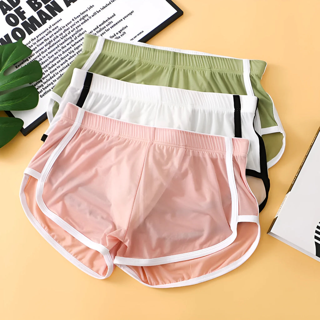 Men's ice silk mesh boxers in low-waist design showing ultra-thin fabric texture