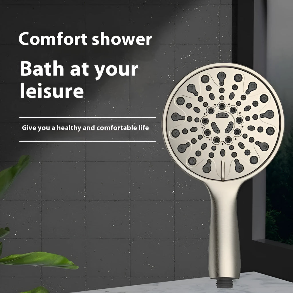6-inch six-function handheld shower with electroplated finish showing spray pattern options