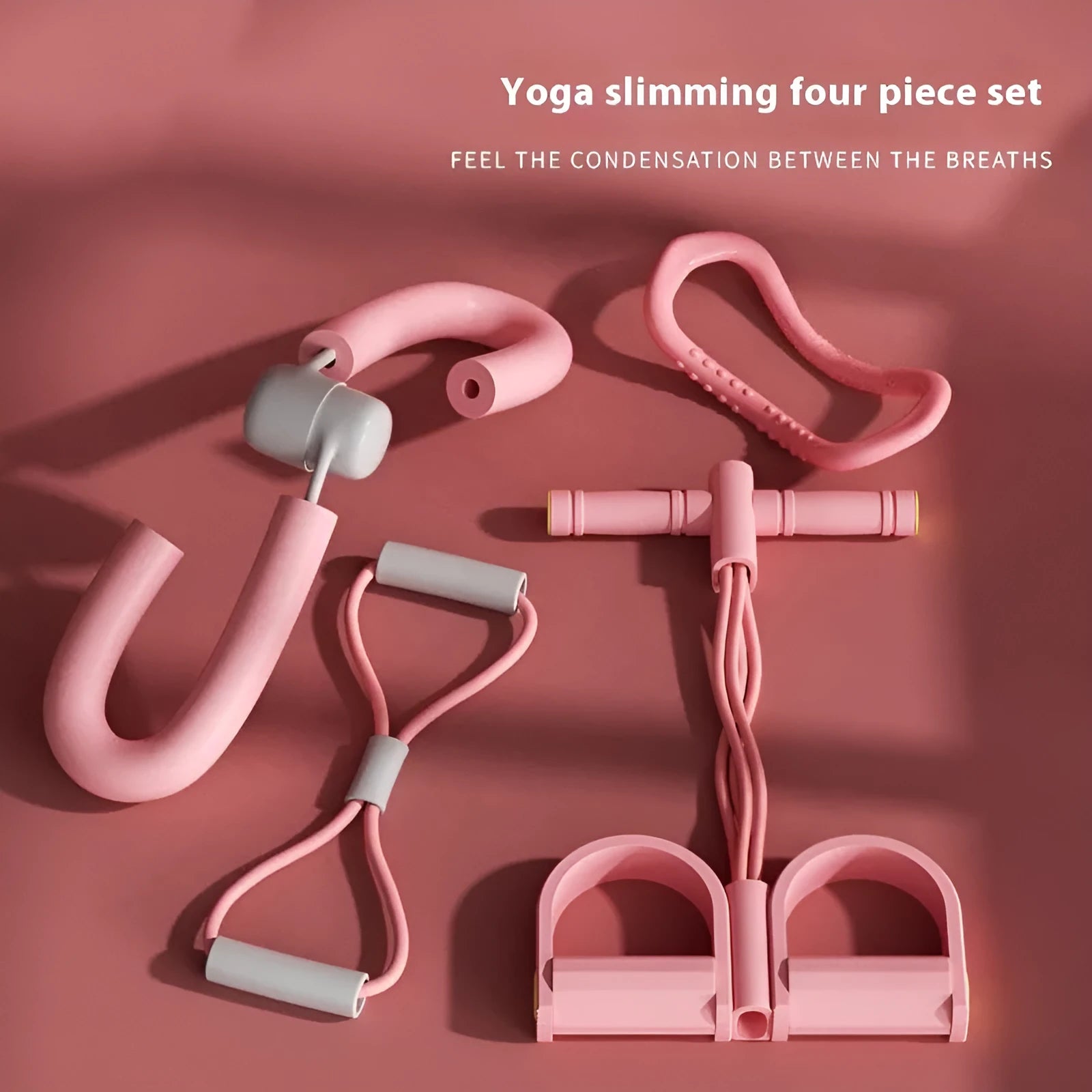 Four-piece yoga fitness set showing leg stretcher, yoga ring, pedal puller, and figure-eight tension rope.