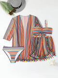 Women's four-piece print swimsuit set with halter straps and tassel details in picture colour
