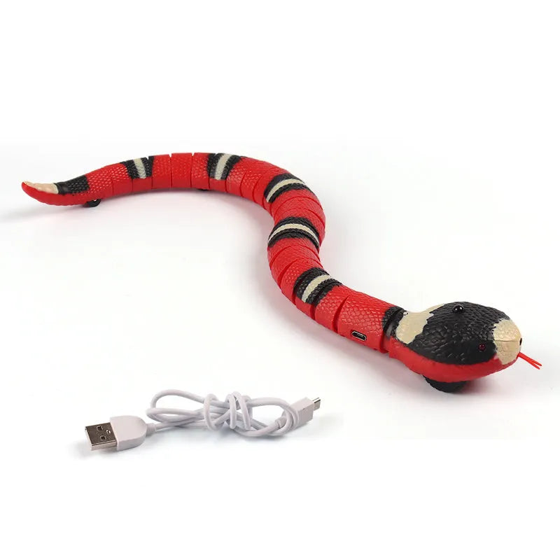 Smart sensing electronic snake cat toy with segmented plastic body and built-in catnip compartment