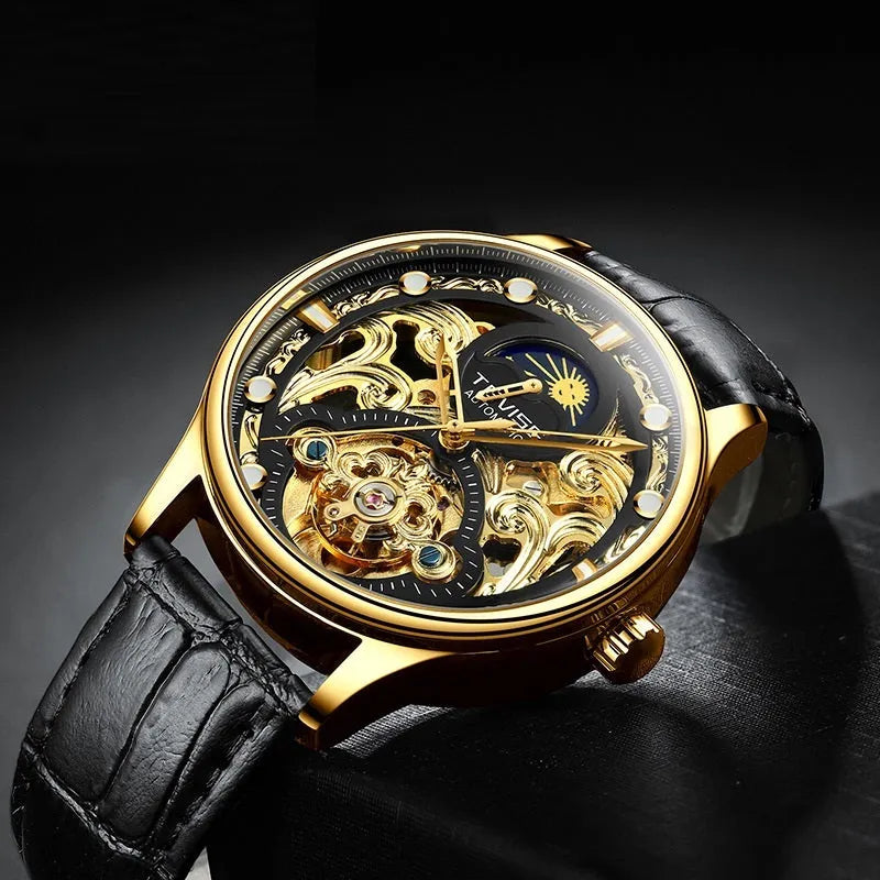 Men's gold and white leather strap automatic mechanical watch with 16mm case.