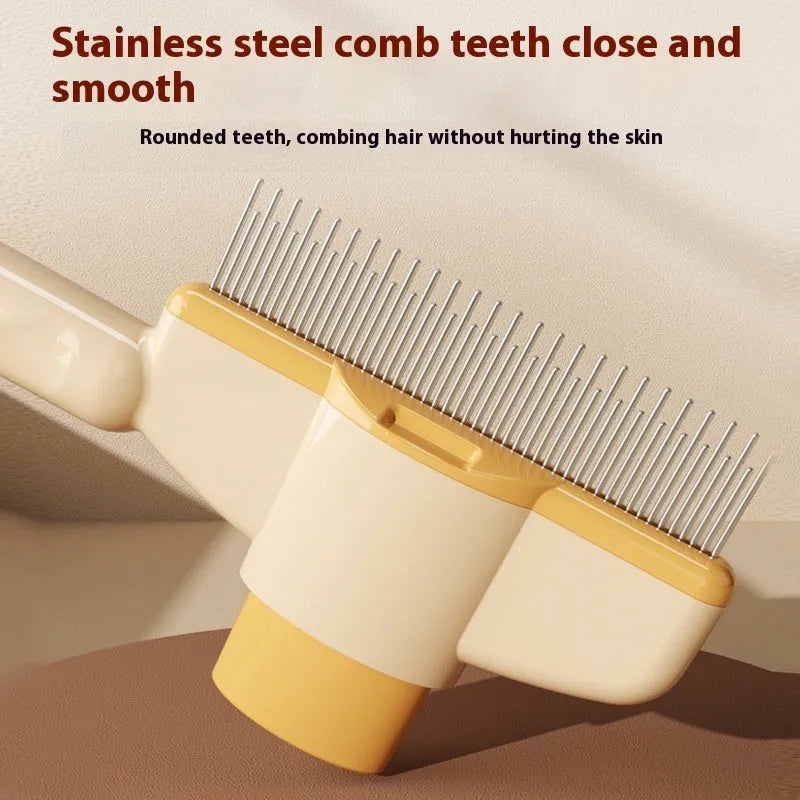 Yellow and green self-cleaning pet grooming comb with stainless steel teeth and release button