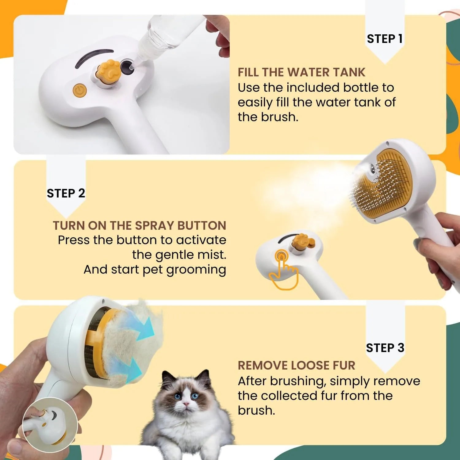 White pet grooming brush with built-in water tank and self-cleaning slicker head for dogs and cats.