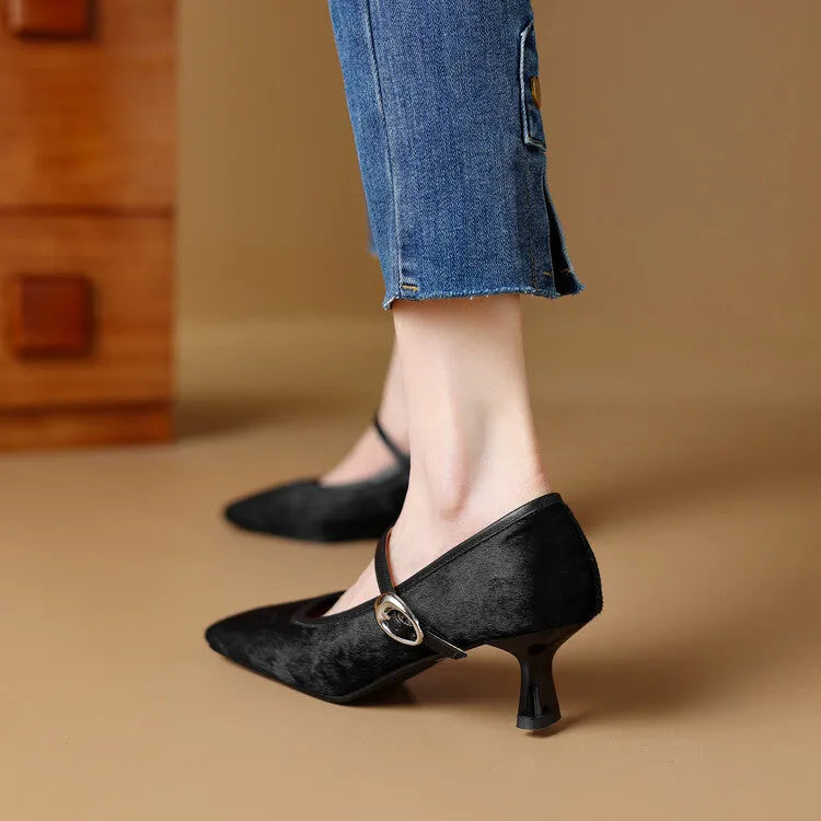 Women's black square toe stiletto heels with horse hair upper and ankle strap.