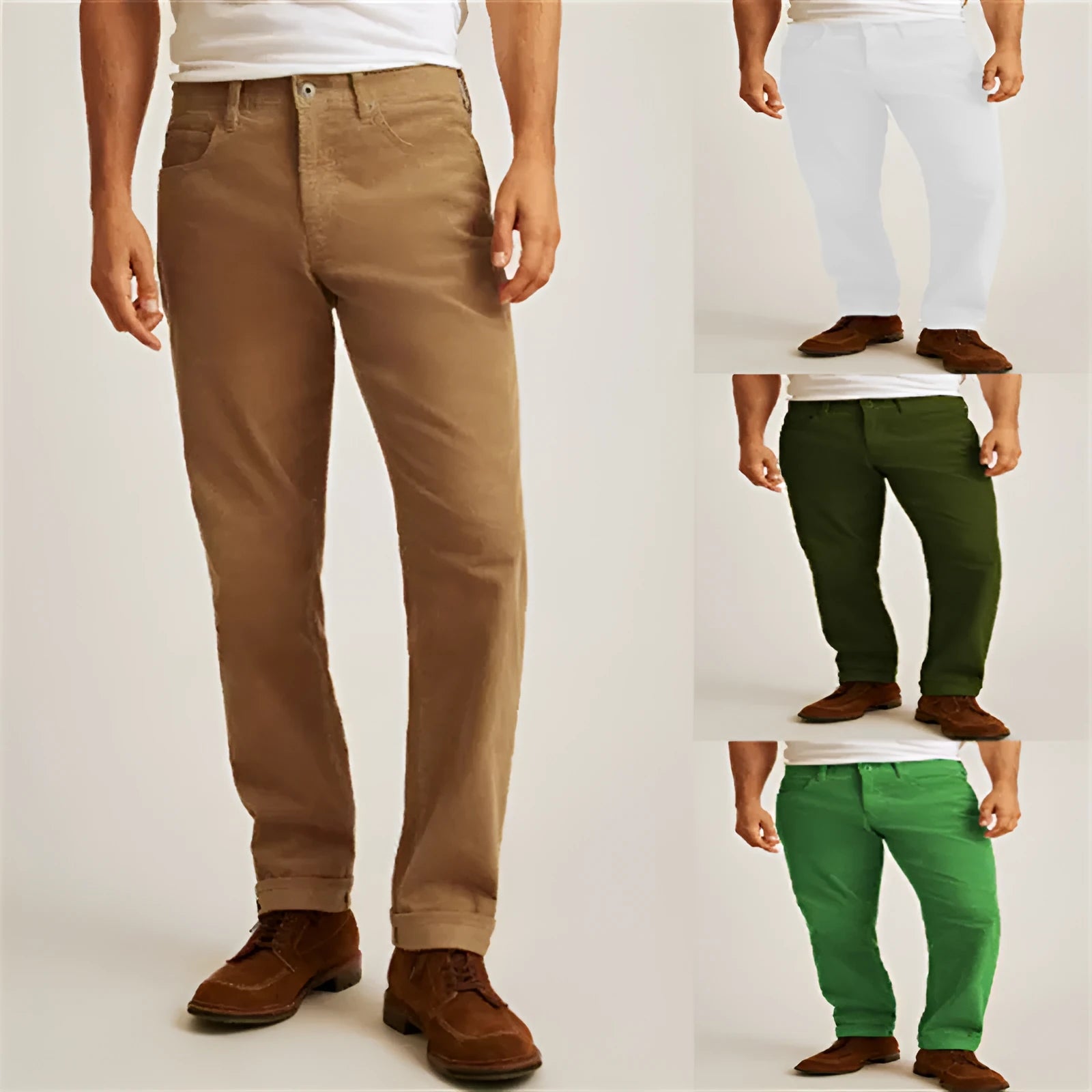 Men's solid colour corduroy trousers showing straight-leg cut and mid-waist design in green colour option