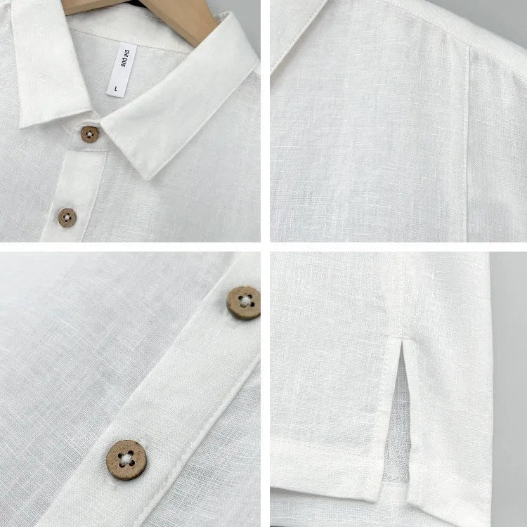 Men's light grey green linen short-sleeve top with a V-neck, laid flat.