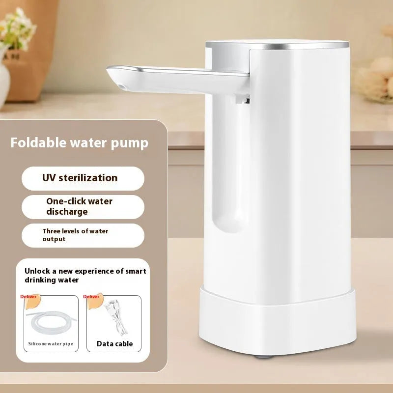 Black and white portable bucket table water pump with LCD touch screen in folded position.