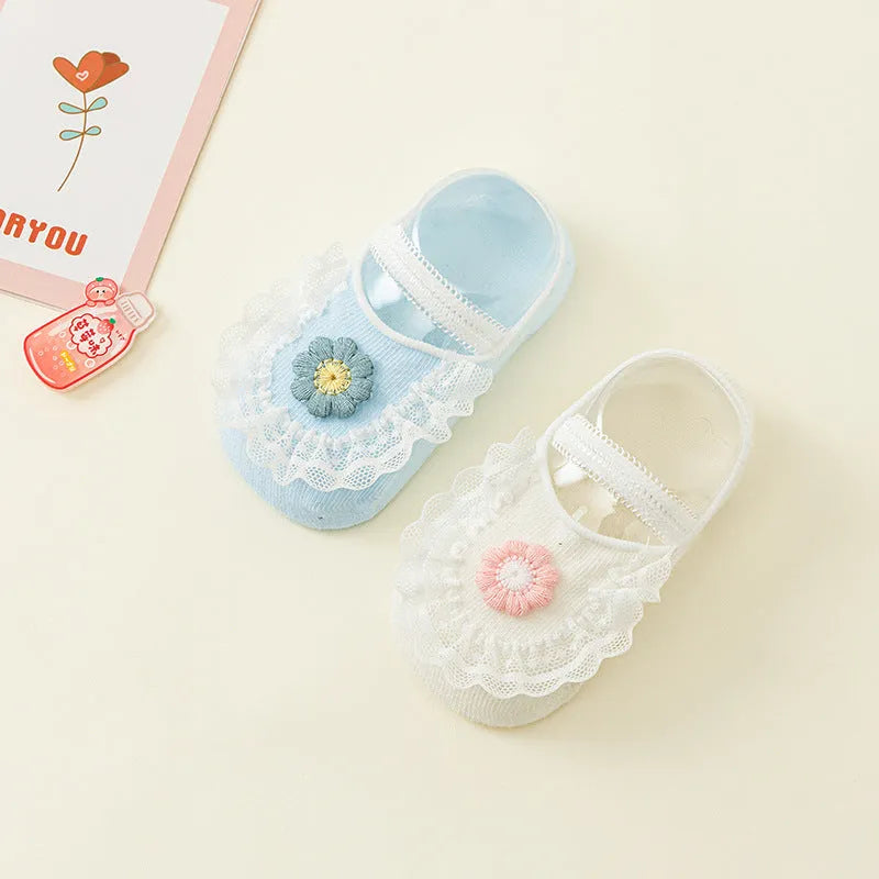 Summer thin cotton baby socks non-slip toddler ankle socks in light blue milky white, light green light pink, light yellow milk powder, 2 pairs boxed.