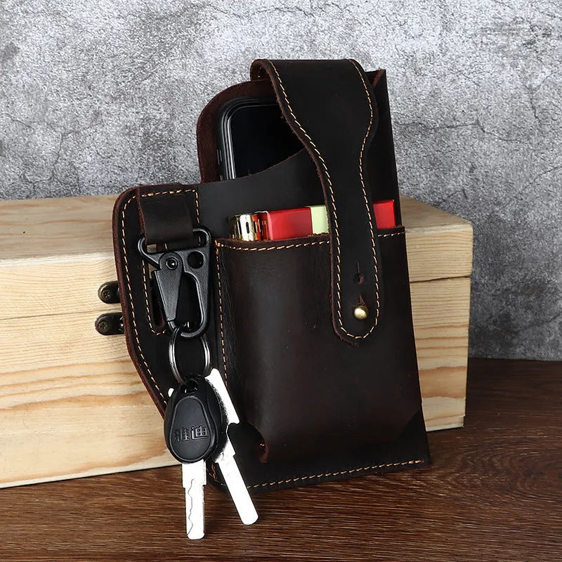 Retro leather phone hanging belt bag in brown with car suture detailing and cover opening