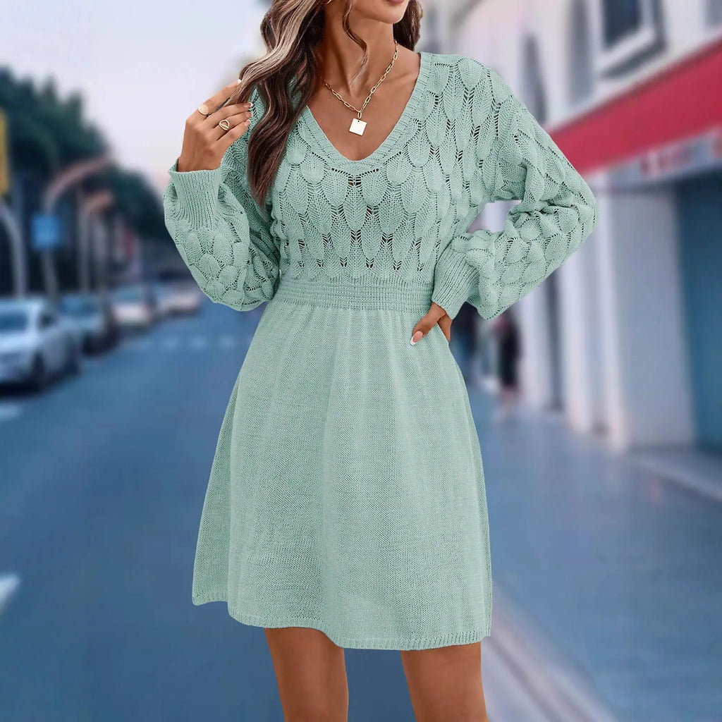 V-neck long sleeve beach dress with a 3D pattern and high waist in apricot colour.