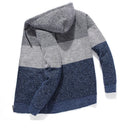 Casual men's hooded plus fleece warm sweater cardigan in grey colour block with long sleeves and zip front