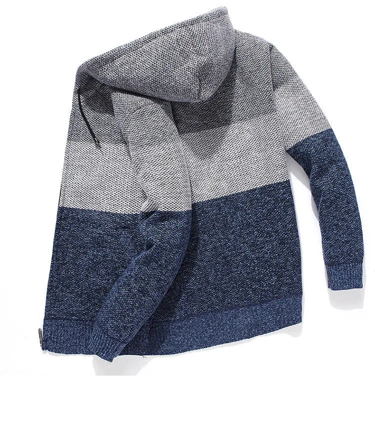 Casual men's hooded plus fleece warm sweater cardigan in grey colour block with long sleeves and zip front