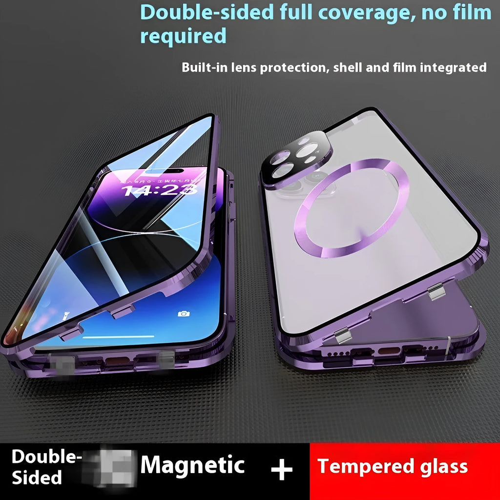 Magnetic metal iPhone case in black with shockproof design for iPhone 14, 15 and 16 models.