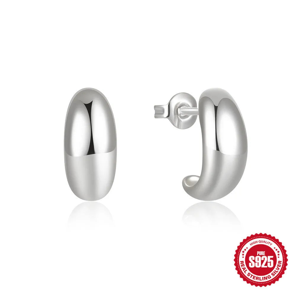S925 sterling silver C-shaped stud earrings with glossy gold electroplated finish