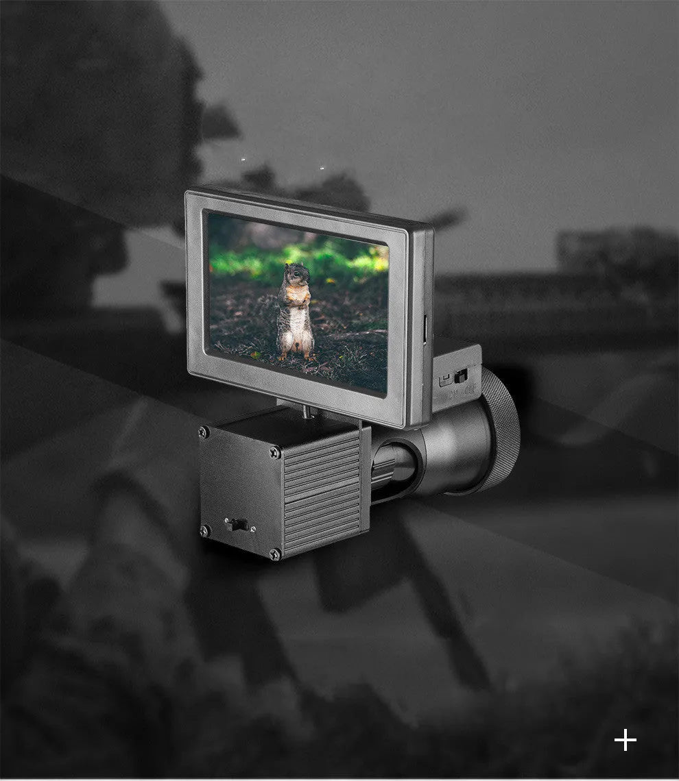 Black digital night vision monocular with 4.3-inch screen showing night scene with infrared illumination