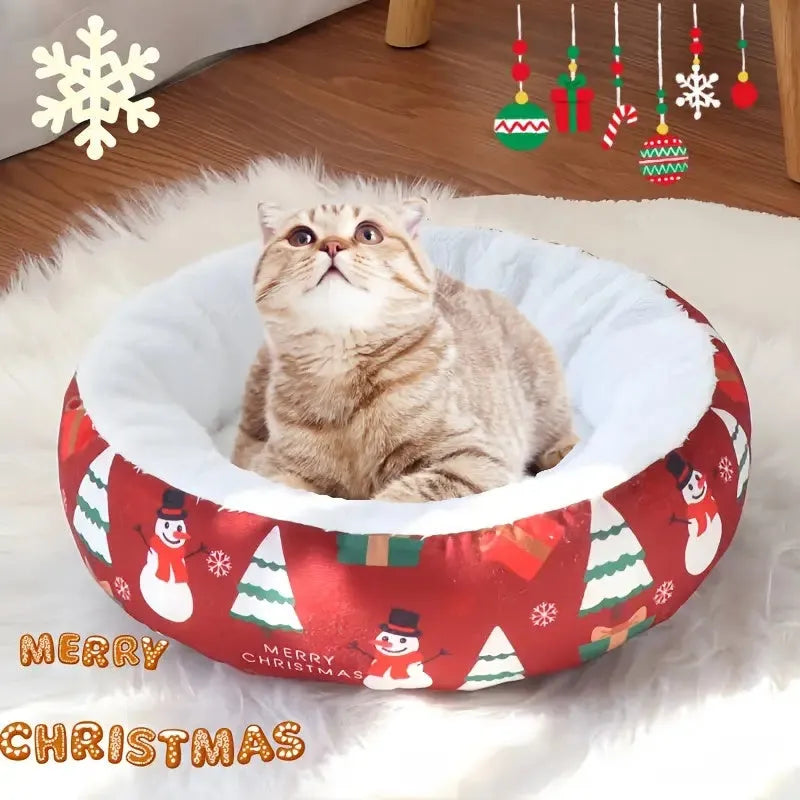 Christmas pet bed in red and green with snowman and tree prints, size S 35x35x6.5cm, made of flannel and Arctic fleece