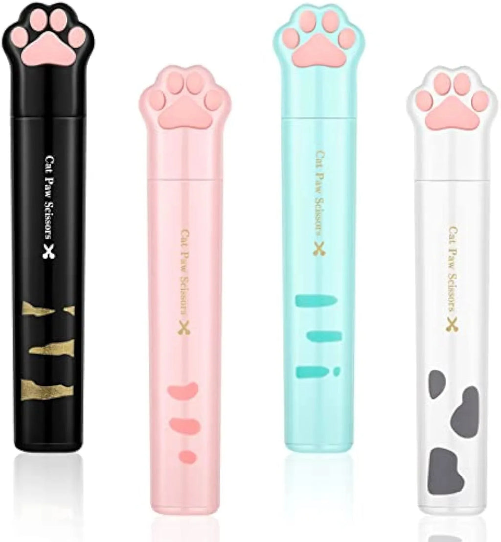 Cat paw design mini folding safety scissors in four colours: black, blue, pink, and white.