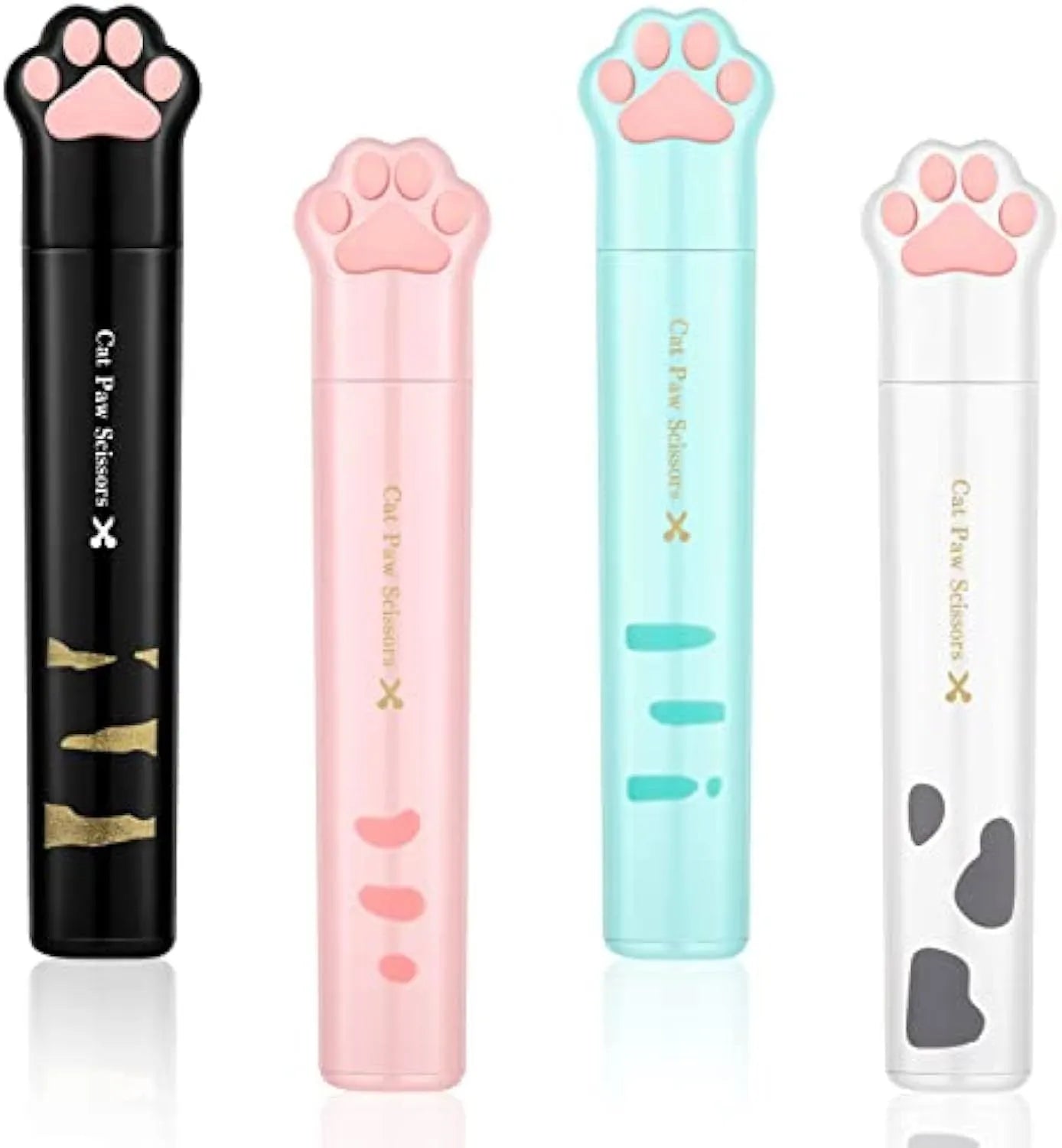 Cat paw design mini folding safety scissors in four colours: black, blue, pink, and white.