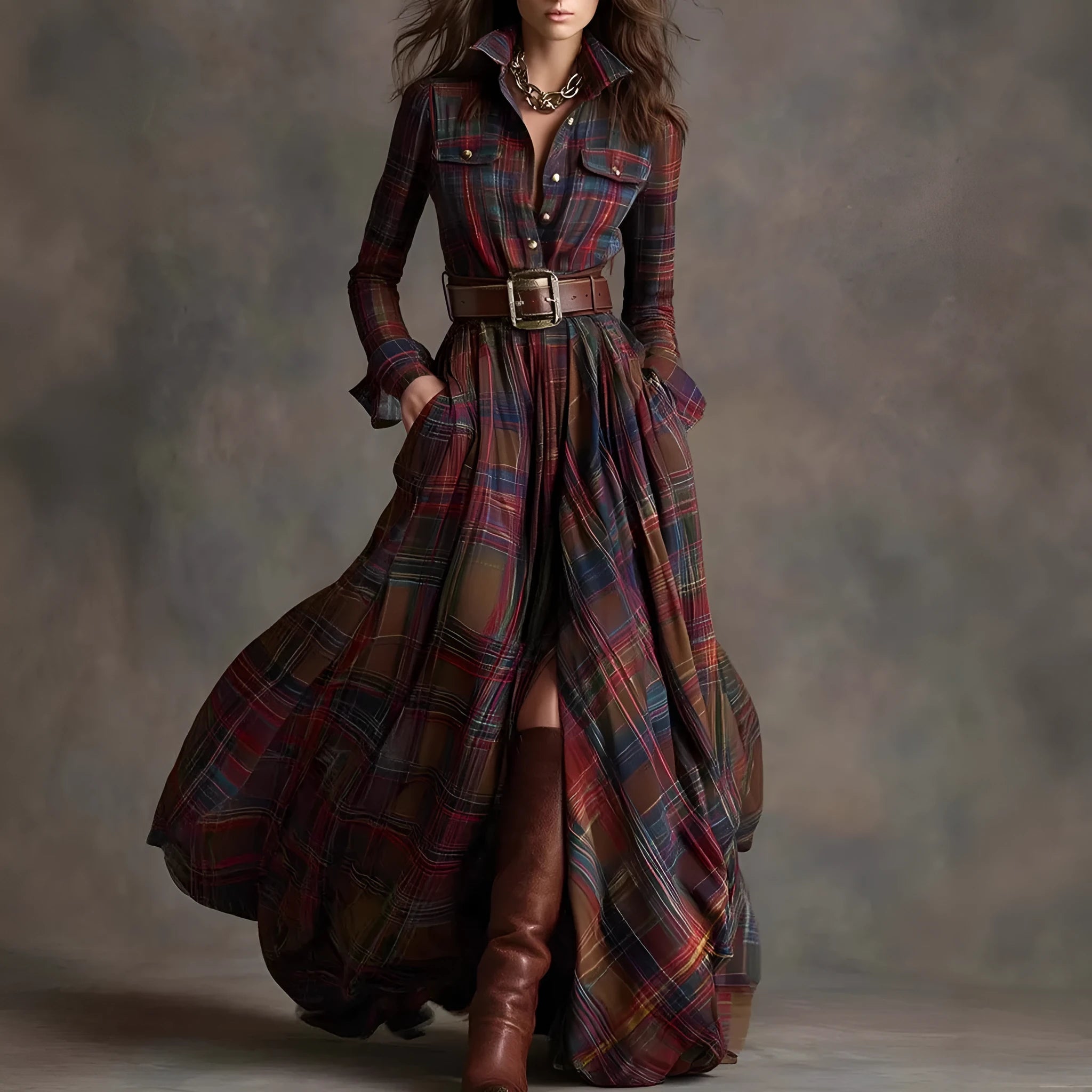 Women's Geometric Plaid Irregular Dress with Stitching Detail Mid Waist Fit Available in S-XXL Black Gray Navy Blue Green Khaki Polyester Fabric