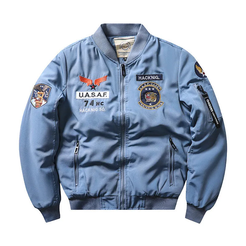 Men's slim-fit black retro motorcycle-style cotton-padded coat with stand collar and embroidery.