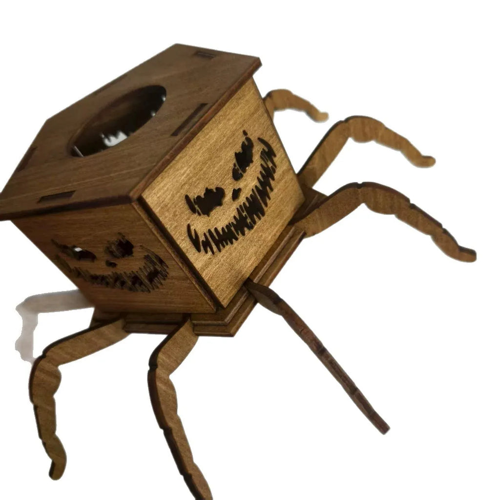 Wooden spider lantern candlestick Halloween decoration measuring 21cm by 8.5cm