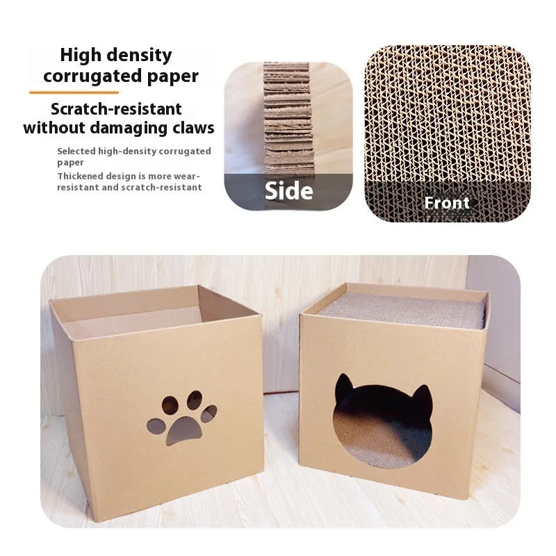 Vertical corrugated paper cat scratch board with pet milk carton design in 30cm cube dimensions