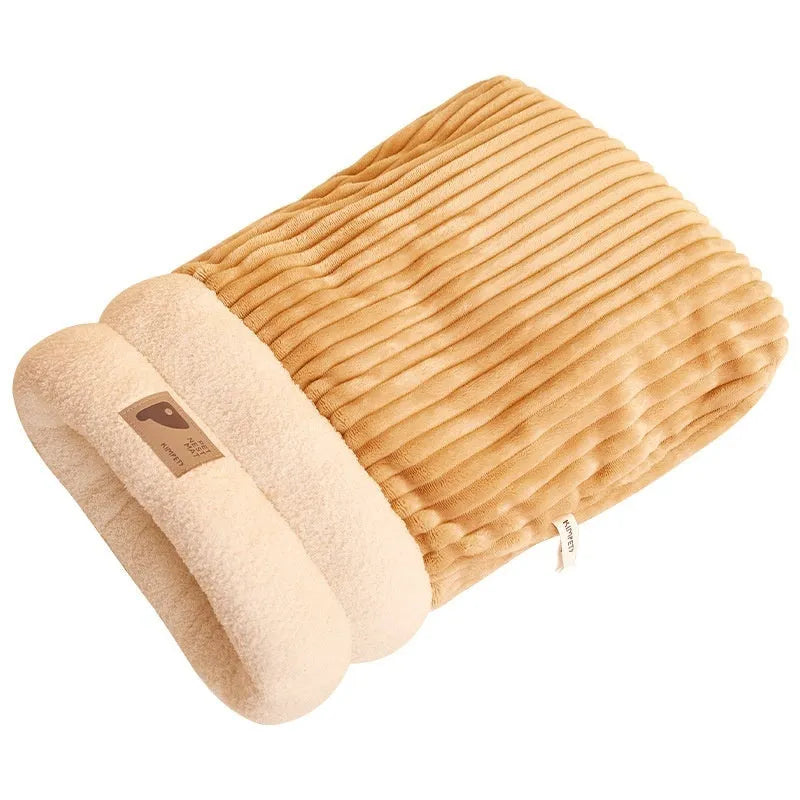 Brown semi-enclosed cat sleeping bag with lambswool lining on wooden floor