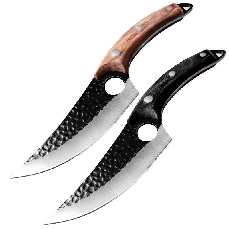 Forged curved boning knife with 5CrMoV15 high carbon steel blade and leather sheath in black or brown.