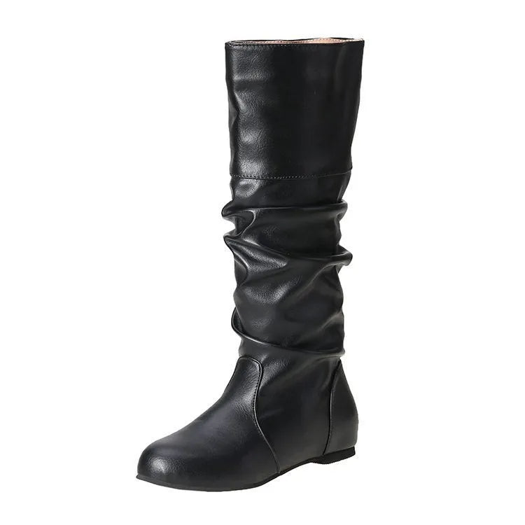 Women's black slip-on flat ankle boots with a round toe and high cylinder shaft.